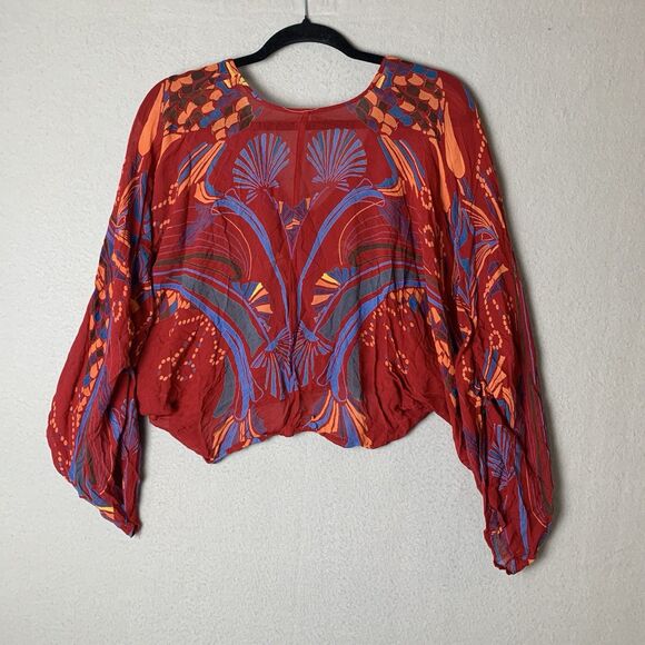 Free People Beneath The Sea Boho Pattern Wing Dolman Sleeve Blouse Red XS READ - Picture 3 of 8